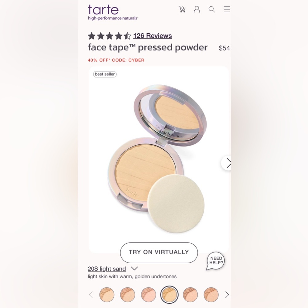 Tarte Face Tape Pressed Powder in 20S Light Sand